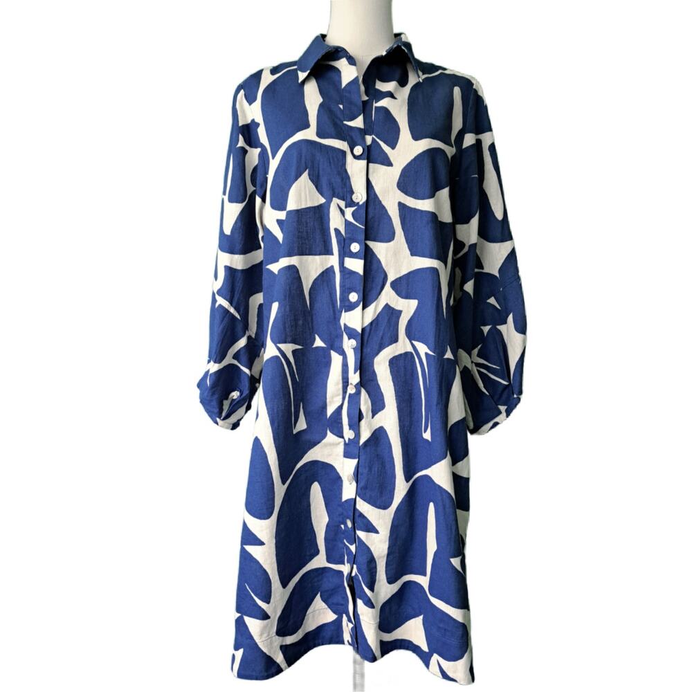 FINLEY Milo Abstract-Print Mini Shirtdress Small Blue White Abstract Puzzle
